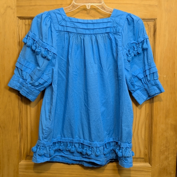 Chico's Peasant Blouse Tassel Sz 0 = Small Square Neck 3/4 Sleeve Top Blue Boho - Picture 5 of 10